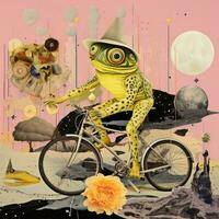 Frosch Fahrrad Reiten abstrakt Collage Sammelalbum Gelb retro Jahrgang surrealistisch Illustration foto