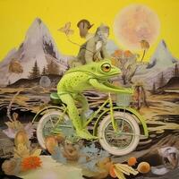 Frosch Fahrrad Reiten abstrakt Collage Sammelalbum Gelb retro Jahrgang surrealistisch Illustration foto