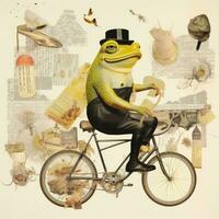 Frosch Fahrrad Reiten abstrakt Collage Sammelalbum Gelb retro Jahrgang surrealistisch Illustration foto