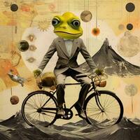 Frosch Fahrrad Reiten abstrakt Collage Sammelalbum Gelb retro Jahrgang surrealistisch Illustration foto