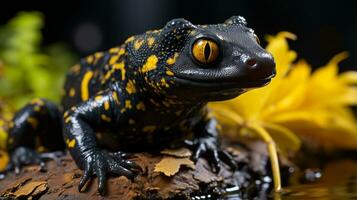 Nahansicht Foto von ein Salamander suchen im ihr Lebensraum. generativ ai