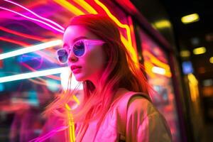 Plus Größe modern Frau schaukeln modern gegen das beschwingt Neon- Straßen ai generativ foto