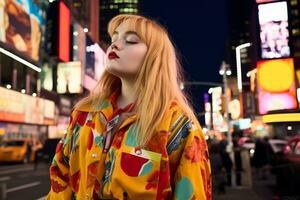 Plus Größe modern Frau schaukeln modern gegen das beschwingt Neon- Straßen ai generativ foto