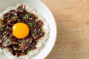 Reis mit Schweinefleisch mit Sojageschmack oder japanischem Schweinefleisch Donburi foto