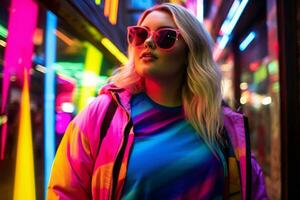 Plus Größe modern Frau schaukeln modern gegen das beschwingt Neon- Straßen ai generativ foto