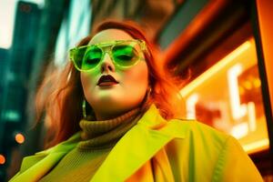 Plus Größe modern Frau schaukeln modern gegen das beschwingt Neon- Straßen ai generativ foto