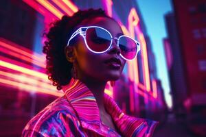 Plus Größe modern Frau schaukeln modern gegen das beschwingt Neon- Straßen ai generativ foto