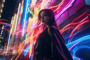 Frau Gehen selbstbewusst durch das beschwingt Neon- zündete Straßen ai generativ foto