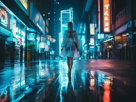 Frau Gehen selbstbewusst durch das beschwingt Neon- zündete Straßen ai generativ foto