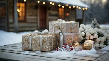 schön eingewickelt Weihnachten Geschenke ruhen auf ein hölzern Tabelle im ein Winter schneebedeckt draussen Szene in der Nähe von ein Log Kabine. ai generativ. foto