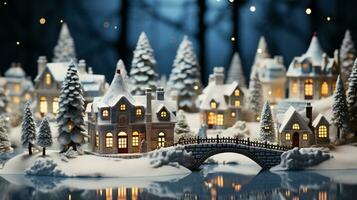Miniatur Urlaub Weihnachten dekoriert Stadt, Dorf und schneebedeckt Dorf Szene. generativ ai. foto