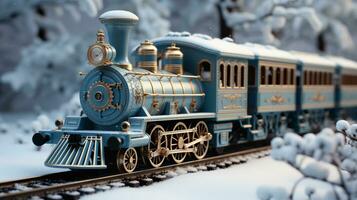Miniatur Lokomotive Zug einstellen im ein schneebedeckt Weihnachten Urlaub Einstellung. generativ ai. foto
