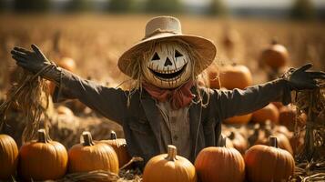 unheimlich gespenstisch Halloween Vogelscheuche Zahl Sitzung unter das Land Kürbis Patch - - generativ ai. foto