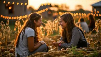 glücklich jung freunde genießen das fallen Kürbis Ernte Feierlichkeiten draußen - - generativ ai. foto