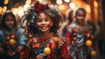 süß wenig Kinder gekleidet oben wie Clowns zum Halloween Gehen Nieder das Bürgersteig zusammen - - generativ ai. foto