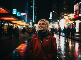 Frau Gehen selbstbewusst durch das beschwingt Neon- zündete Straßen ai generativ foto