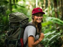 zuversichtlich Plus Größe Frau schaukeln ihr Reise ai generativ foto