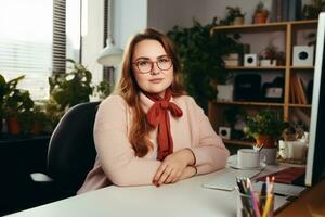 erfolgreich Übergröße Unternehmer beim ihr Schreibtisch ai generativ foto