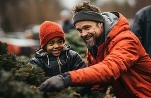 jung Vater und Sohn Pflanzen Weihnachten Bäume beim das Baum Bauernhof. generativ ai. foto