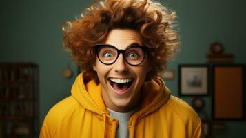 wahnsinnig glücklich und aufgeregt Kerl tragen Brille lächelnd im seine Büro oder Zimmer - - generativ ai. foto