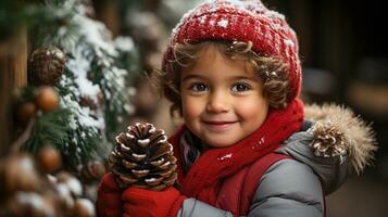 süß jung Mädchen gekleidet zum ein schneebedeckt Weihnachten Versammlung Kiefer Zapfen. generativ ai. foto