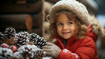 süß jung Mädchen gekleidet zum ein schneebedeckt Weihnachten Versammlung Kiefer Zapfen. generativ ai. foto