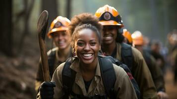 weiblich afrikanisch amerikanisch Feuerwehrleute Arbeiten im das Feld - - generativ ai. foto