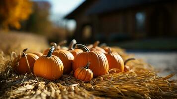 Dutzende von Orange fallen und Halloween Kürbisse und Heu dekorieren das Land Scheune Szene - - generativ ai. foto