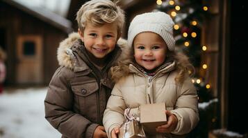 süß Paar von Kinder gekleidet herzlich halten ein eingewickelt Weihnachten Geschenk draußen. foto