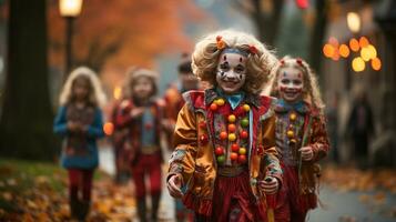 süß wenig Kinder gekleidet oben wie Clowns zum Halloween Gehen Nieder das Bürgersteig zusammen - - generativ ai. foto