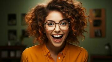 wahnsinnig glücklich und aufgeregt jung Erwachsene Mädchen tragen Brille lächelnd im ihr Büro oder Zimmer - - generativ ai. foto