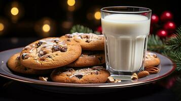 Schokolade Chip Kekse und Milch auf ein klein Teller warten zum Santa Klausel Ein Dunst das Dekorationen auf Weihnachten Vorabend. generativ ai foto