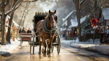 Pferd ziehen ein Urlaub dekoriert Wagen durch das Weihnachten Dorf. generativ ai. foto