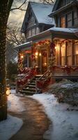 schön Weihnachten dekoriert Vorderseite Tür und Veranda von ein Haus auf ein Winter Abend. generativ ai. foto