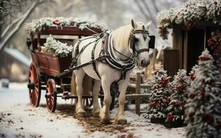 Pferd ziehen ein Urlaub dekoriert Wagen durch das Weihnachten Dorf. generativ ai. foto