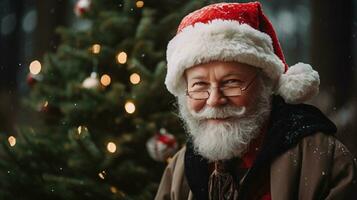 glücklich mittleren Alters Mann mit Weiß Bart tragen ein Santa Hut und Mantel genießen das Weihnachten Festlichkeiten. generativ ai. foto