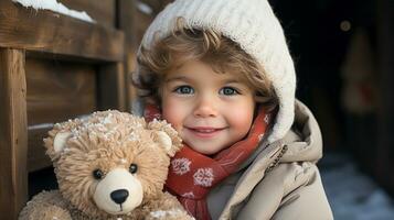 süß jung Kleinkind Junge gekleidet zum ein schneebedeckt Weihnachten halten seine Teddy tragen. generativ ai. foto