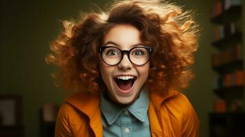 wahnsinnig glücklich und aufgeregt jung Mädchen tragen Brille lächelnd im ihr Büro oder Zimmer - - generativ ai. foto