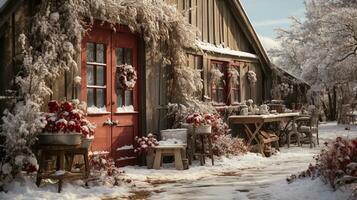 rot Scheune, Haus oder Geschäft dekoriert zum Weihnachten im ein schön Winter schneebedeckt Szene. generativ ai. foto