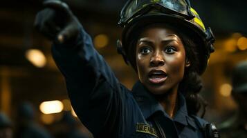 weiblich afrikanisch amerikanisch Feuerwehrmann tragen schützend Helm und groß geben Aufträge beim ein Feuer Vorfall - - generativ ai. foto