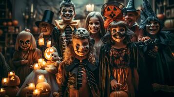 Spaß Familie gekleidet oben zum Halloween zusammen aus im das dekoriert Gegend - - generativ ai. foto