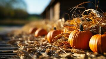 Dutzende von Orange fallen und Halloween Kürbisse und Heu dekorieren das Land Scheune Szene - - generativ ai. foto