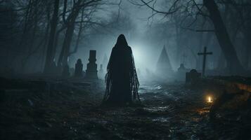 gespenstisch dunkel Zahl Gehen durch das nebelig Nacht im ein Friedhof - - generativ ai. foto