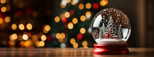 Weihnachten Schnee Globus mit Kiefer Bäume und Kabine auf ein Holz Oberfläche Banner. generativ ai. foto