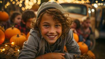 glücklich jung Kinder genießen das fallen Ernte Feierlichkeiten draußen - - generativ ai. foto