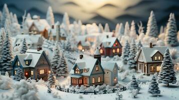 Miniatur Urlaub Weihnachten dekoriert Stadt, Dorf und schneebedeckt Dorf Szene. generativ ai. foto