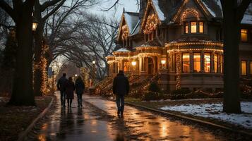 Menschen Gehen unter schön dekoriert Weihnachten thematisch Häuser auf ein Winter Abend. generativ ai. foto