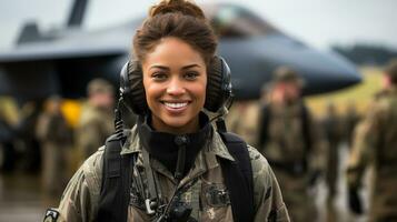 weiblich afrikanisch amerikanisch Kämpfer Pilot Soldat steht draußen ihr Kämpfer Jet - - generativ ai. foto