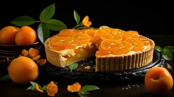 lecker Kumquat Kuchen mit geschnitten einer Stück auf dunkel Oberfläche foto