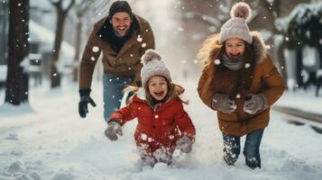 froh Familie haben Schneeball Kampf im Winter Wunderland foto